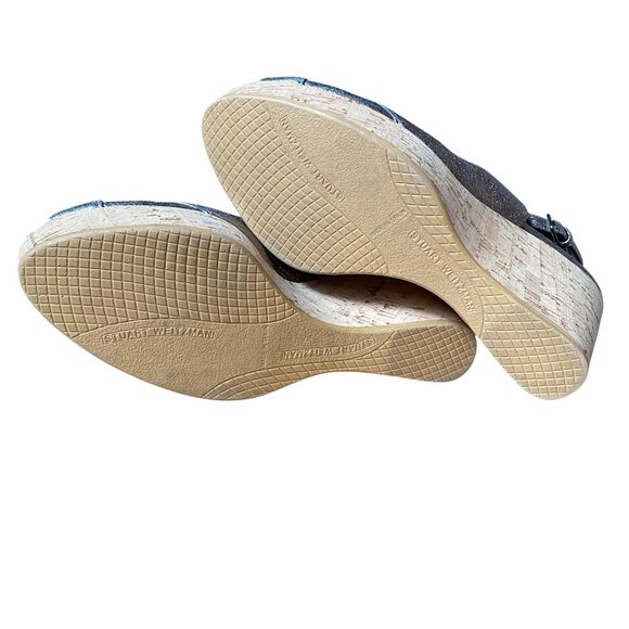 Stuart Weitzman - Silver Gray Metallic Slingback Cork Wedges Peep Toe - Size 8 - Picture 7 of 8